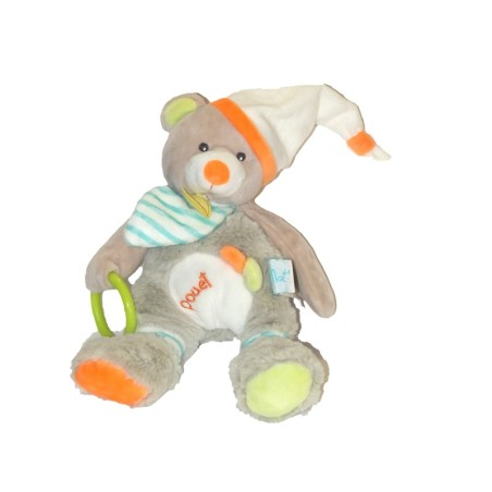 Peluche d'activité doudou Ours beige vert orange Pouet 26 cm (28038)