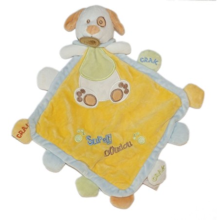 Doudou plat chien jaune bleu Super Doudou Babynat Grelot Crak (26617)