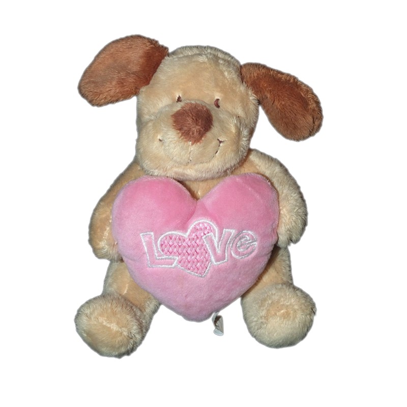 Doudou Peluche Chien beige coeur rose assis 16 cm Nicotoy 589/0083 (12672)
