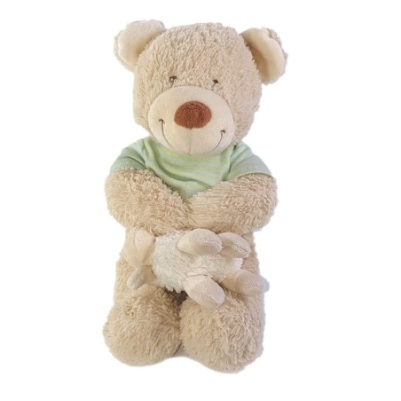 NE FONCTIONNE PLUS Peluche Musicale doudou Ours beige Mouton pull vert 30 cm Carrefour Tex Baby (24122)