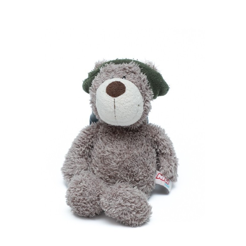 Peluche doudou ours gris NICI bandeau cache oreilles vert kaki (28377)