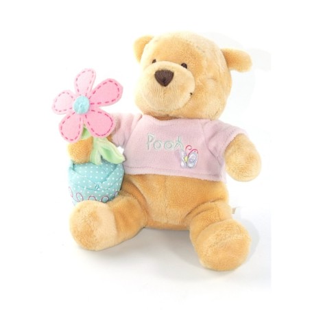 Peluche doudou Winnie Spring Pooh Fleur papillon pull rose 20 cm Collector Disney Store (19906)