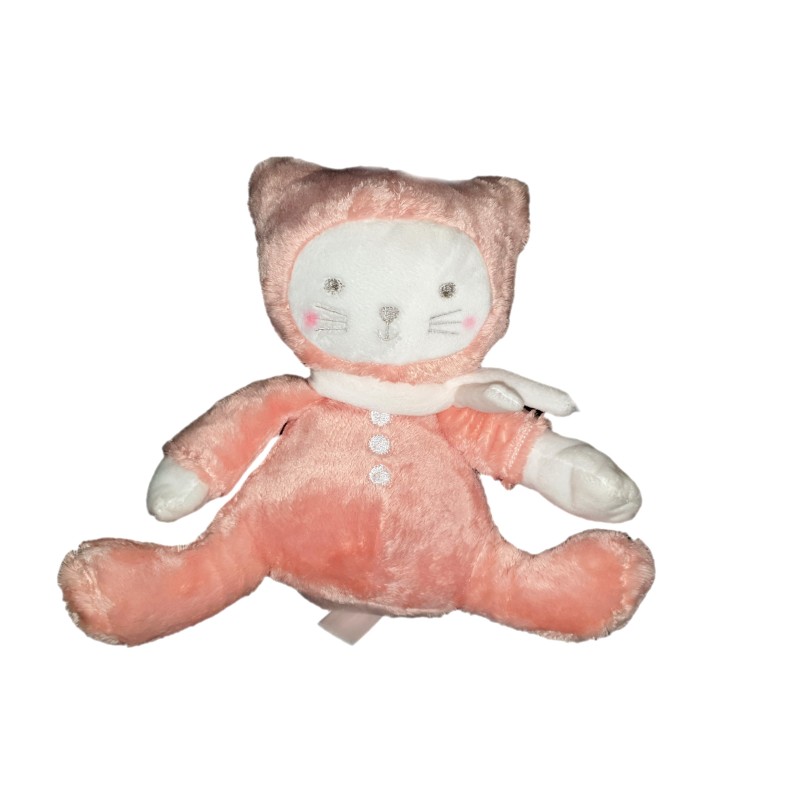 Doudou chat rose blanc Tex Baby Carrefour assis 18 cm (21956)