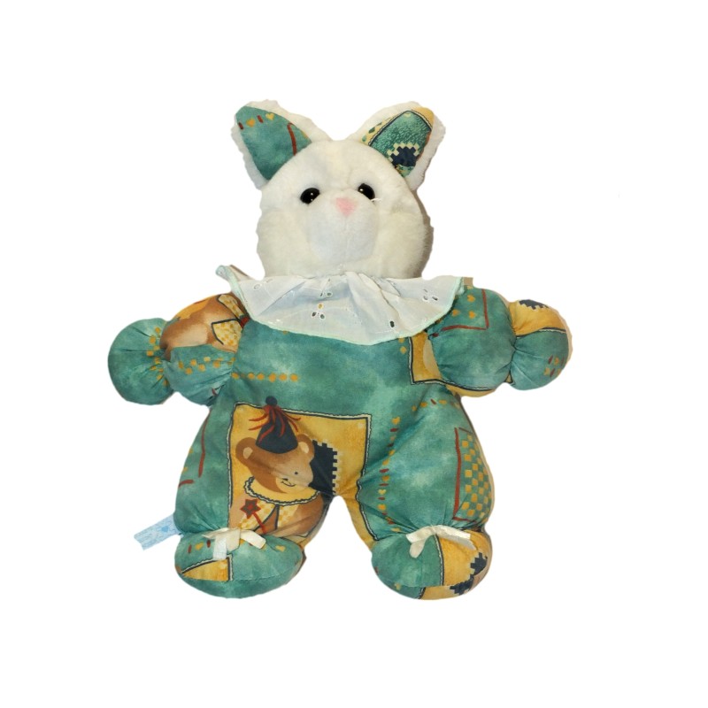 Vintage Peluche doudou Lapin vert blanc motif ours collerette Creations Blanchet (27943)