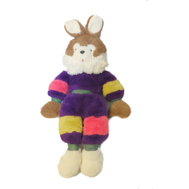 Vintage ancienne Grande peluche XXL Lapin Rohn Plusch violet vert rose jaune 80 cm (27534)