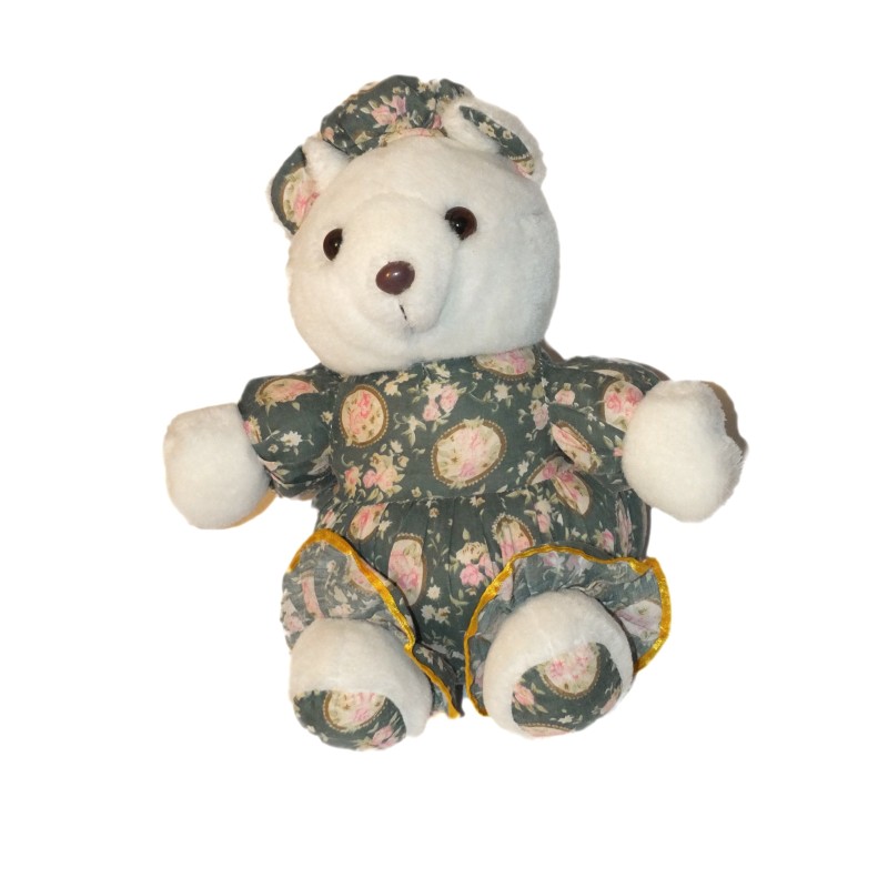 Vintage Ancienne peluche ours vert imprimé fleurs SA MARLAIN 35 cm (27410)