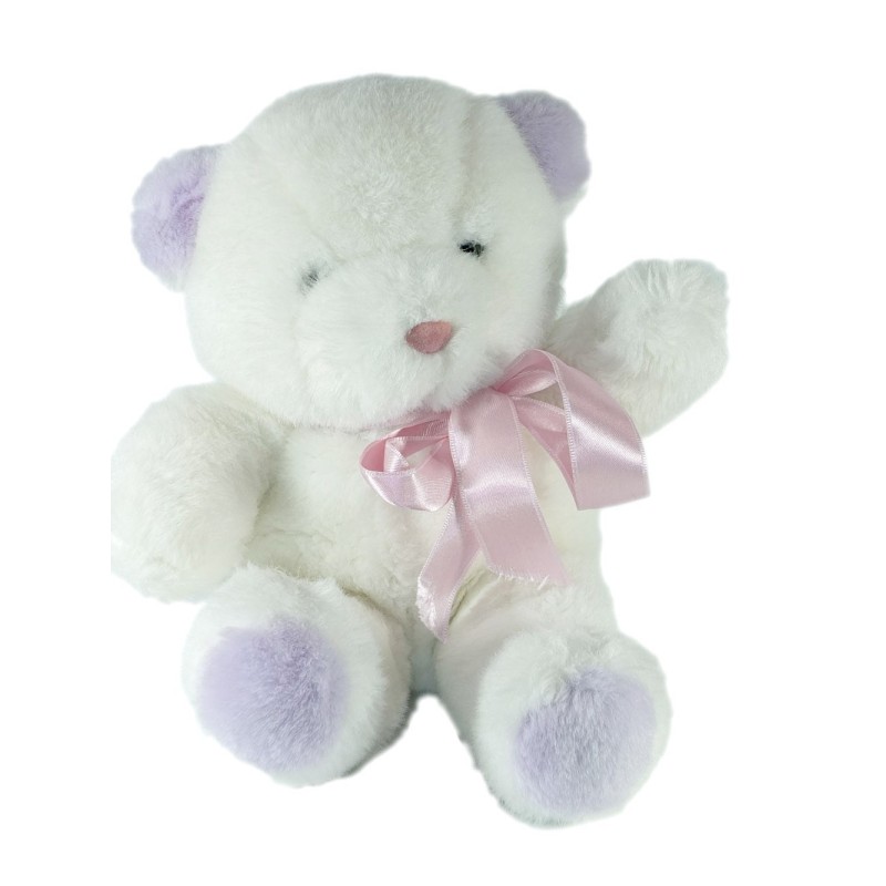 Ancien Vintage peluche Ours blanc Noeud satiné rose oreilles mauves Bout'chou 32 cm (17625)