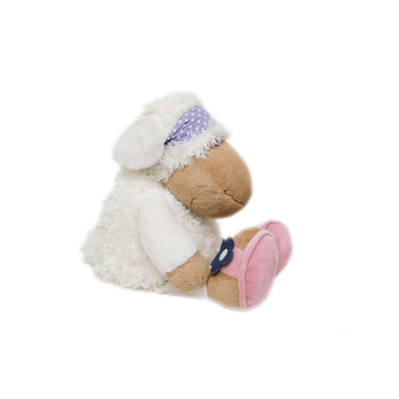 Grande peluche mouton blanc marron Nici 50 cm bandeau mauve pois fleurs (28213)