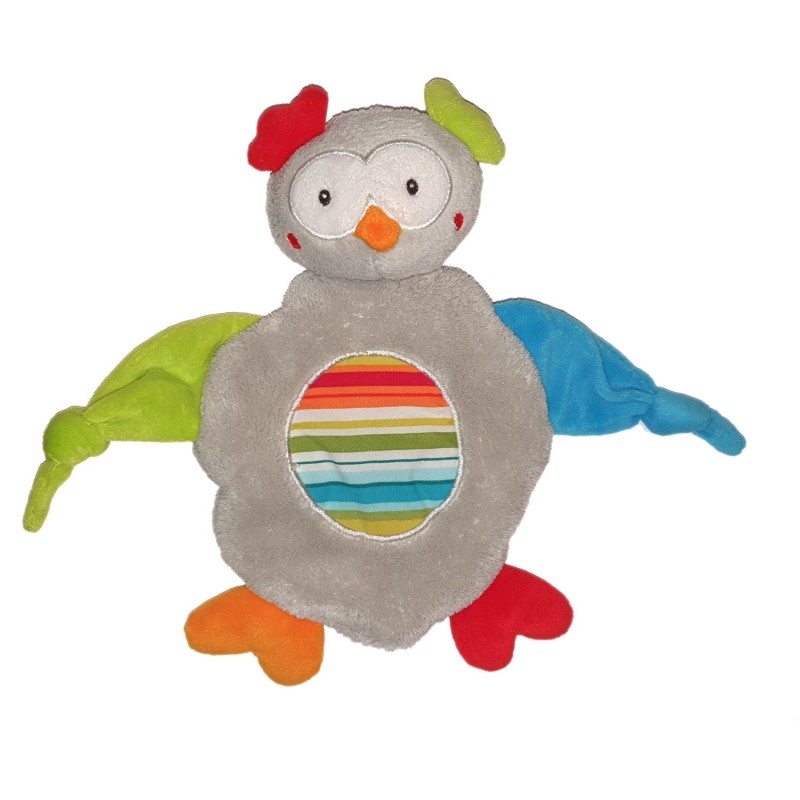 Baby Club CA Doudou plat Oiseau gris vert bleu rouge rayures (25543)