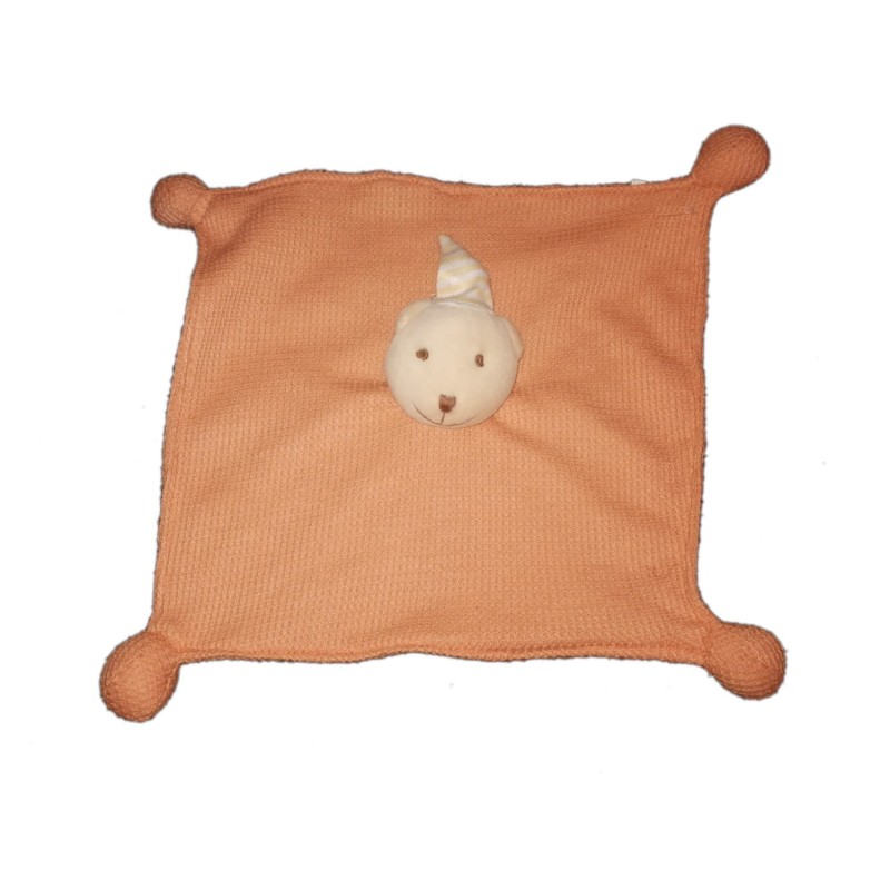 Doudou plat Ours orange bonnet blanc jaune rayures Francoise Saget (23617)