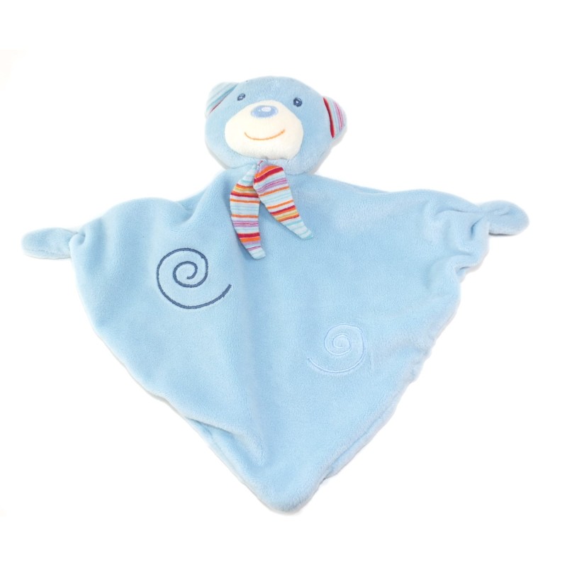 Doudou plat Ours chat bleu Echarpe Spirale grelot BABY CLUB  (25937)