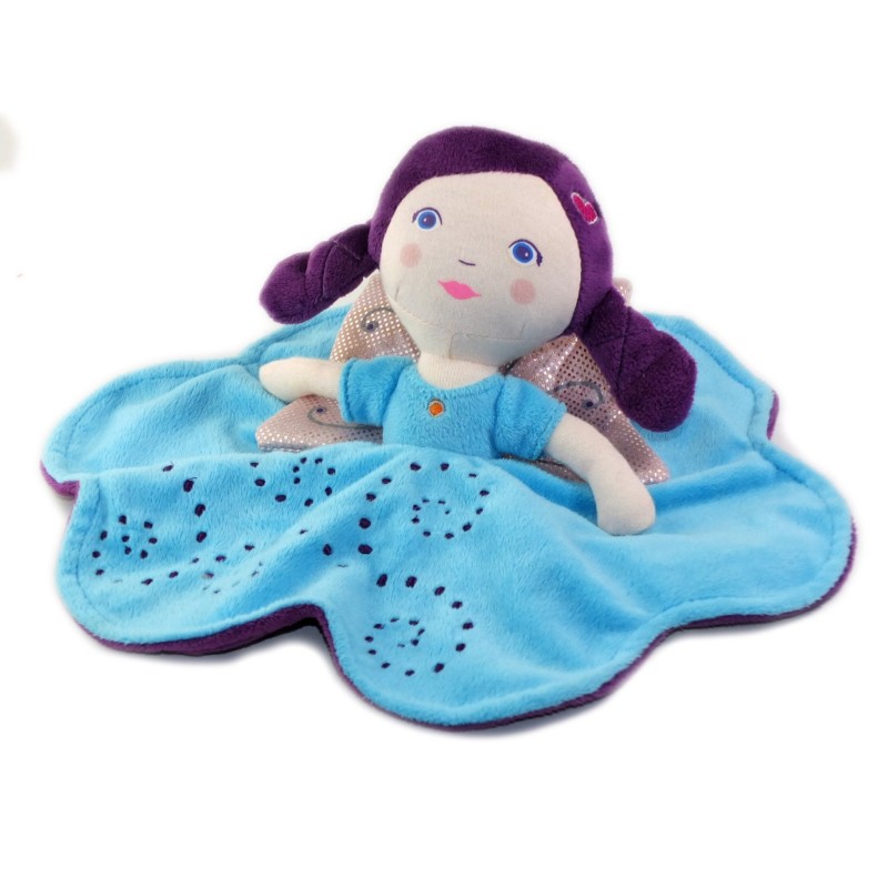 Doudou Poupee fille papillon bleu mauve Carreblanc (25926)