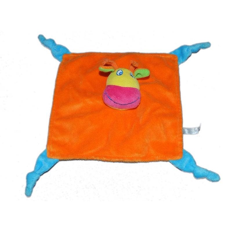 Doudou plat girafe vache orange Logitoys 4 noeuds bleus (14658)