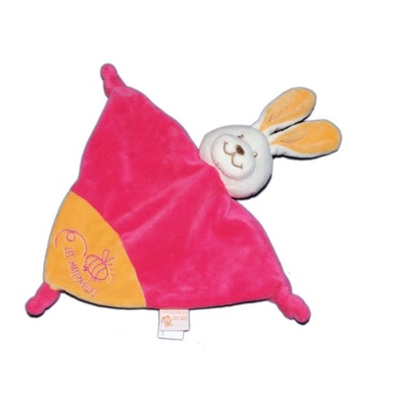 Doudou plat Lapin rose orange Les Maternelles Grelot abeille 3 noeuds (14132)