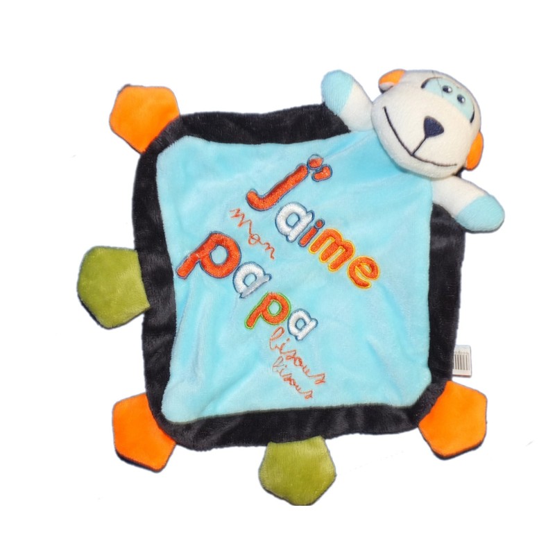 Doudou plat Singe Bleu orange Central Vet J aime mon Papa Bisous (13494)