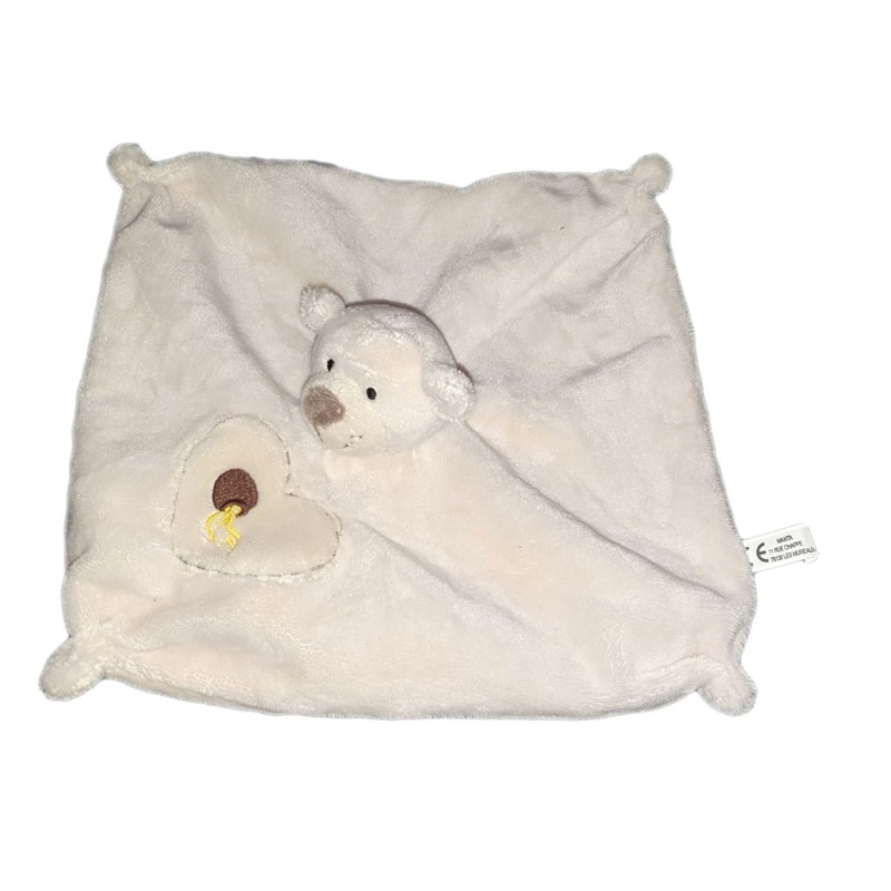 Doudou plat ours blanc creme Coeur marron Maxita (24047)