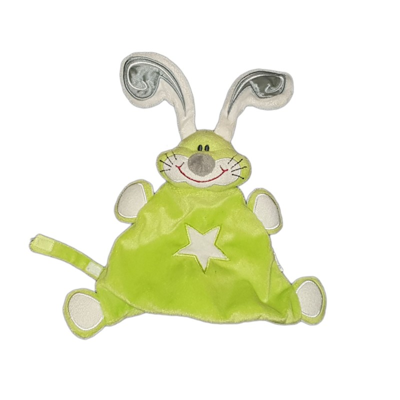 Doudou plat Lapin vert fluo Etoiles Attache Tetine Funny rigolo (23726)