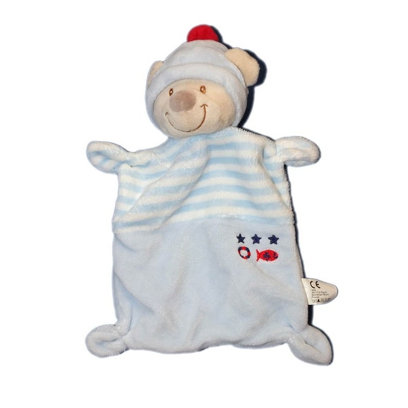 Doudou plat ours bleu blanc rayures poisson étoiles Vetir bonnet pompon rouge (28526)