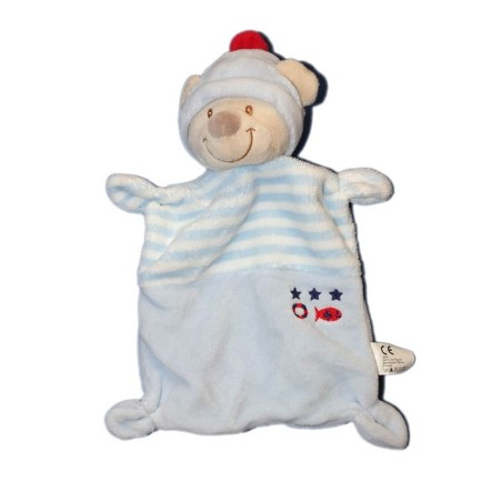 Doudou plat ours bleu blanc rayures poisson étoiles Vetir bonnet pompon rouge (28526)