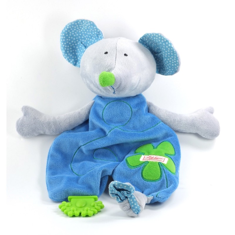 Doudou Souris bleue grise Sigikid Trèfle grelot Dentition (18766)