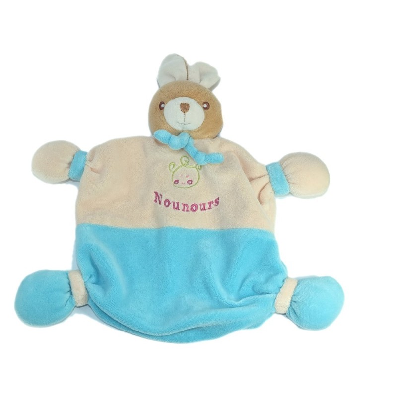 Doudou plat Lapin beige rosé bleu Nounours (17389)