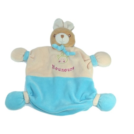 Doudou plat Lapin beige rosé bleu Nounours (17389)