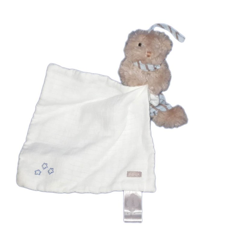 Doudou Ours gris beige Short bleu rayures Mouchoir blanc Absorba (17114)