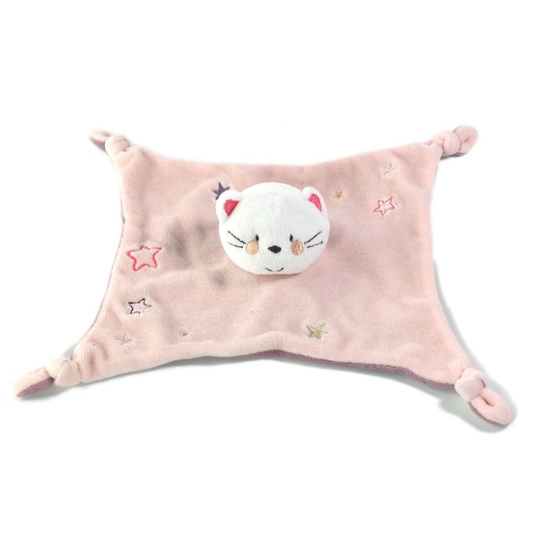 Doudou plat chat rose mauve Absorba Etoiles 4 noeuds (20724)