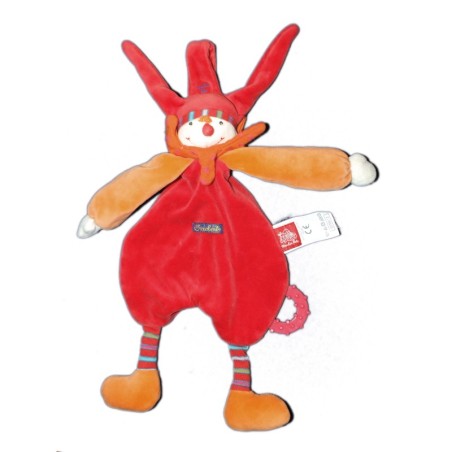 Doudou plat Lutin Clown rouge orange DRAGOBERT - MOULIN ROTY Anneau dentition (13220)