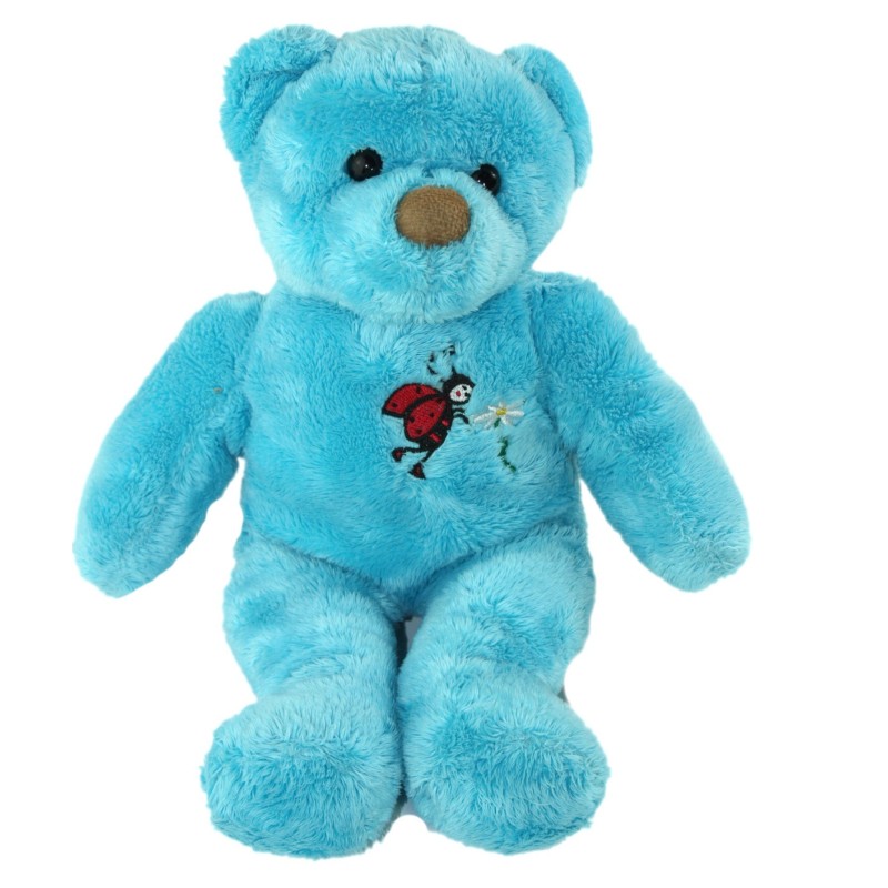 Peluche doudou Ours bleu Turquoise Coccinelle fleur 24 cm Natalys (23340)