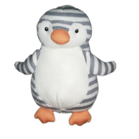 Peluche doudou grelot tissu Pingouin Jellycat 22 cm blanc gris rayures (21031)