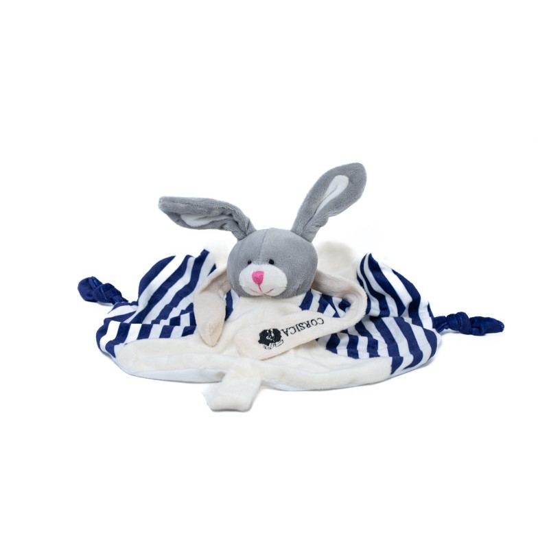 Doudou lapin gris blanc bleu marine rayures Corsica Roda Rodadou Attache tétine  (28485)