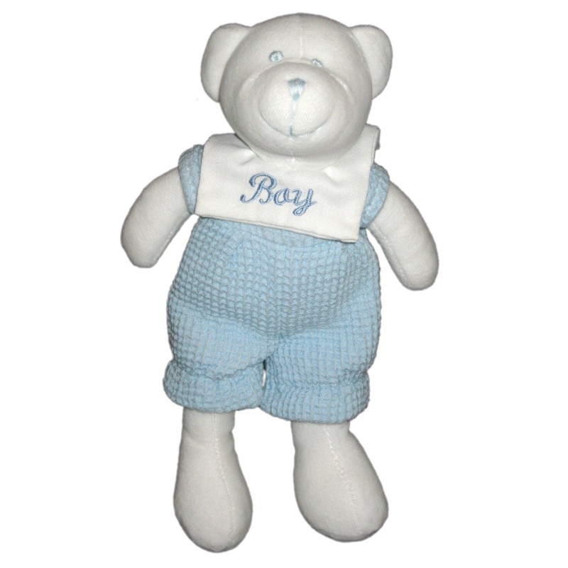 Doudou ours blanc bleu salopette Playkids 26 cm (22163)