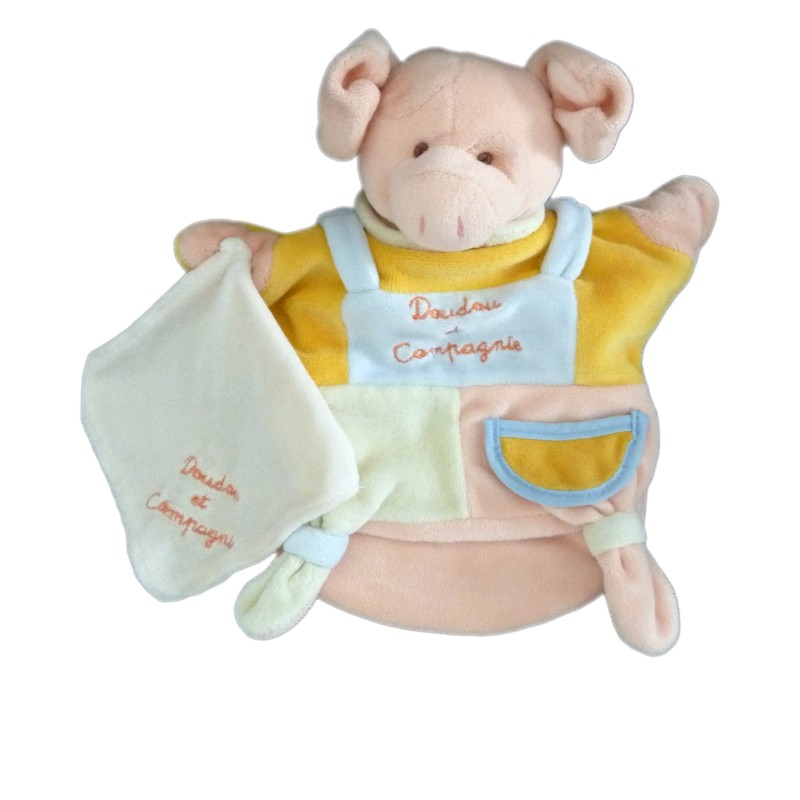 DOUDOU ET COMPAGNIE - Marionnette COCHON rose vert  - Mouchoir  (9298)