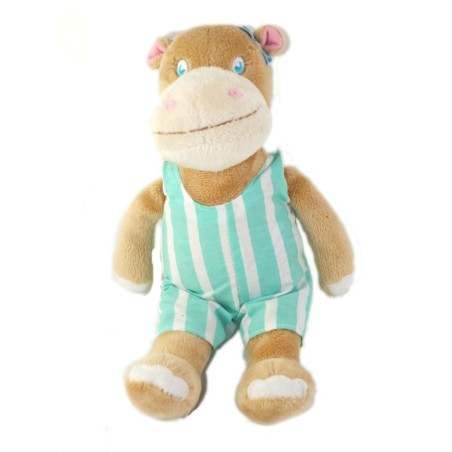 CARREBLANC Doudou Hippopotame Salopette rayures bleu vert Turquoise (26067)