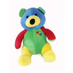 Peluche doudou Ours bleu vert jaune coeurs 26 cm MAXITA Grelot (25730)