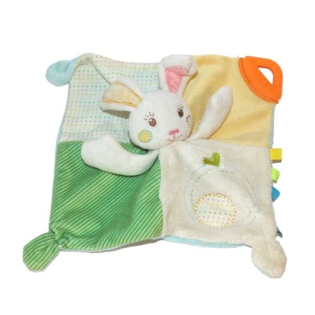 Doudou plat lapin Auchan Coeur blanc vert jaune (26736)