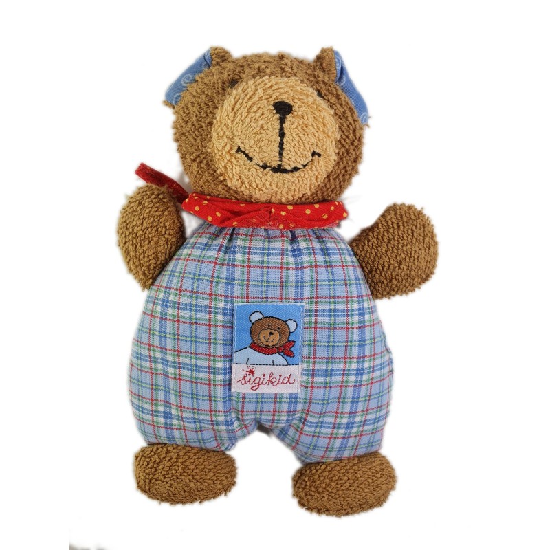 SIGIKID Doudou Ours marron bleu 22 cm Foulard rouge bleu carreaux (26274)