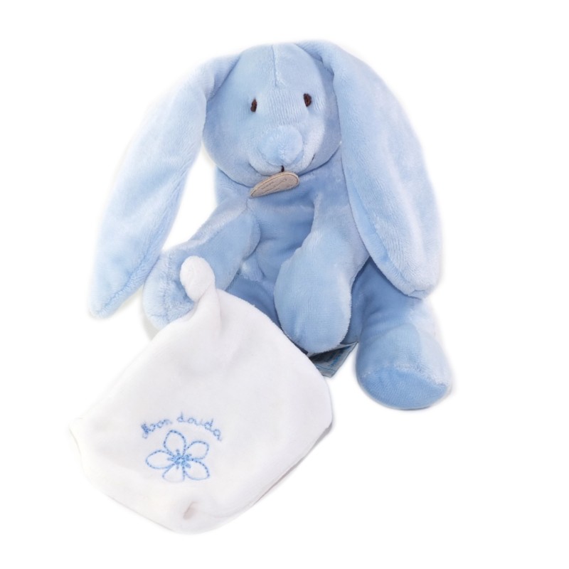 DOUDOU ET COMPAGNIE Mon Doudou Lapin bleu Mouchoir blanc Fleur (25892)