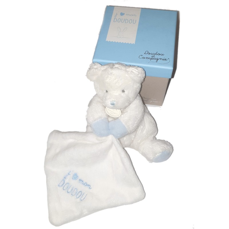 DOUDOU ET COMPAGNIE Ours blanc bleu J aime mon doudou Mouchoir (25507)