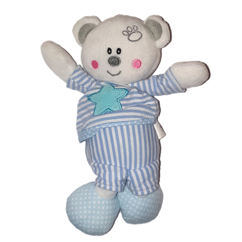 Doudou Ours blanc bleu rayures etoile 22 m Maxita (24910)