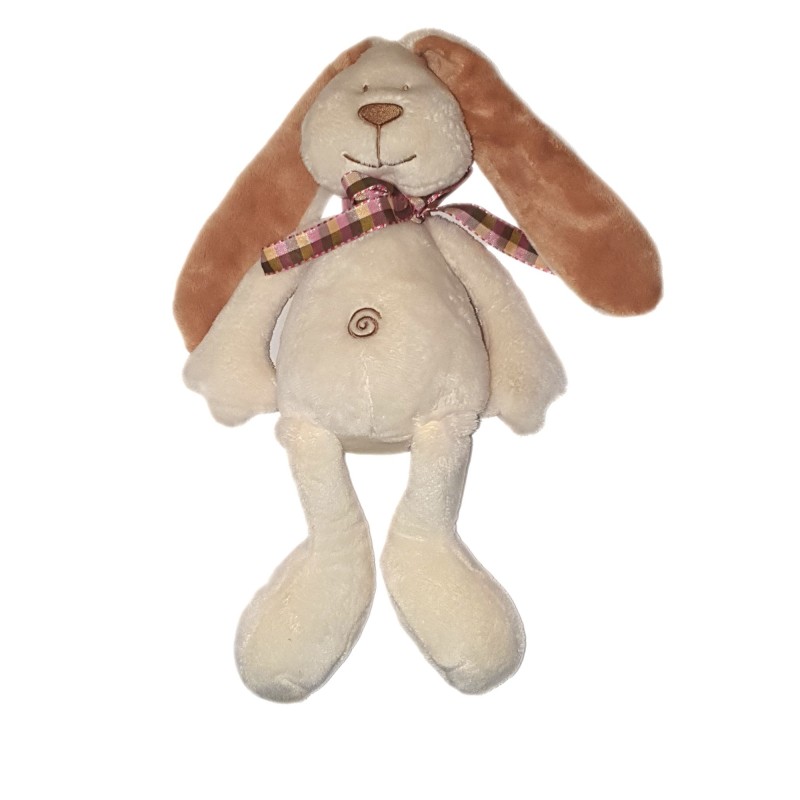 Doudou peluche Lapin blanc ecru beige spirale noeud carreaux rose 35 cm Maxita (24903)