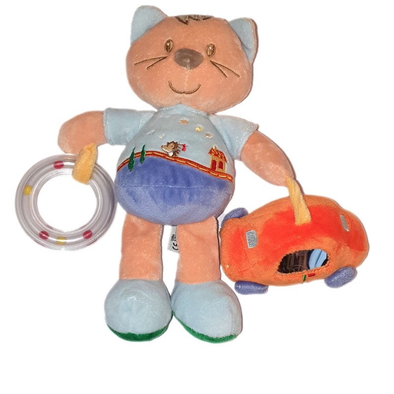 Peluche doudou Chat mauve bleu orange Voiture Grelot 26 cm INFLUX (24991)