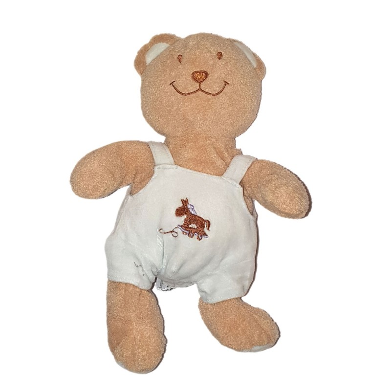 Doudou Ours beige salopette bleue cheval 28 cm INFLUX (24986)