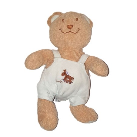 Doudou Ours beige salopette bleue cheval 28 cm INFLUX (24986)