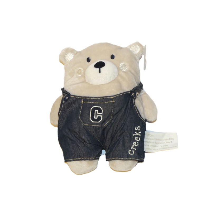Doudou Ours gris beige Salopette bleu 20 cm CREEKS La Halle (27762)