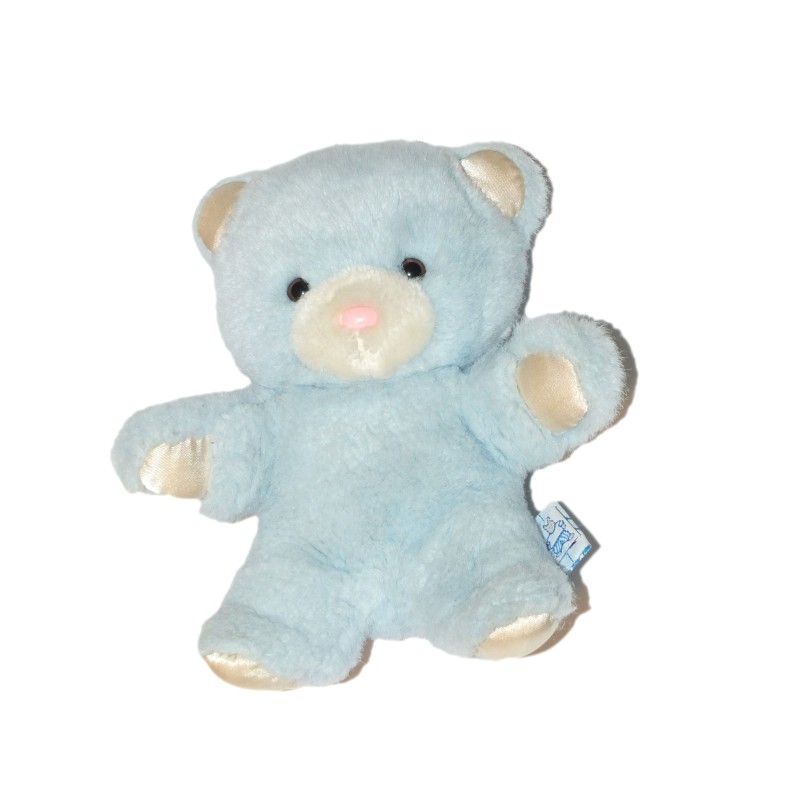 Vintage peluche ours bleu blanc nez rose Absorba Poron Diffusion grelot 20 cm (27575)
