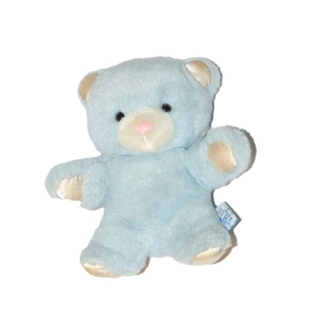 Vintage peluche ours bleu blanc nez rose Absorba Poron Diffusion grelot 20 cm (27575)