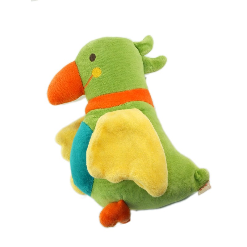 Doudou PerRoquet oiseau vert orange bleu 18 cm Grelot DPAM (25383)