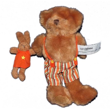 carreblanc-peluche-ours-marron-et-doudou-lapin-carre-blanc-salopette-orange-20-cm (15697)
